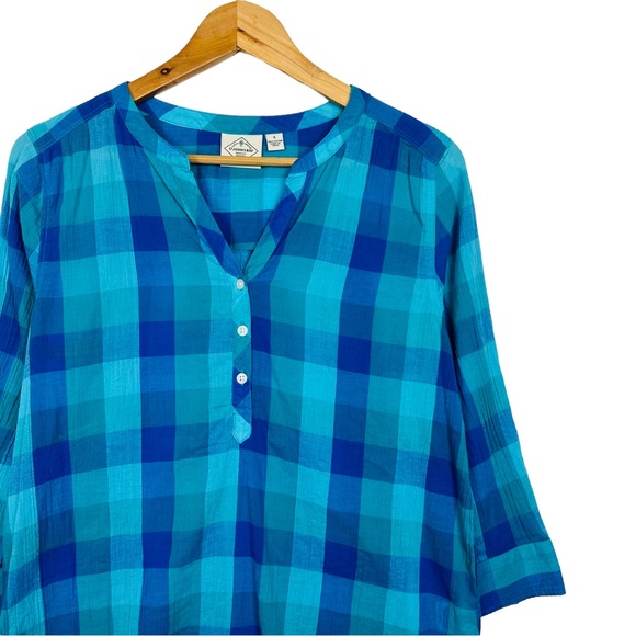 St. John Bay Gingham V Neck Slubbed Cotton Lightweight Button Up Pullover Blouse - Picture 3 of 7
